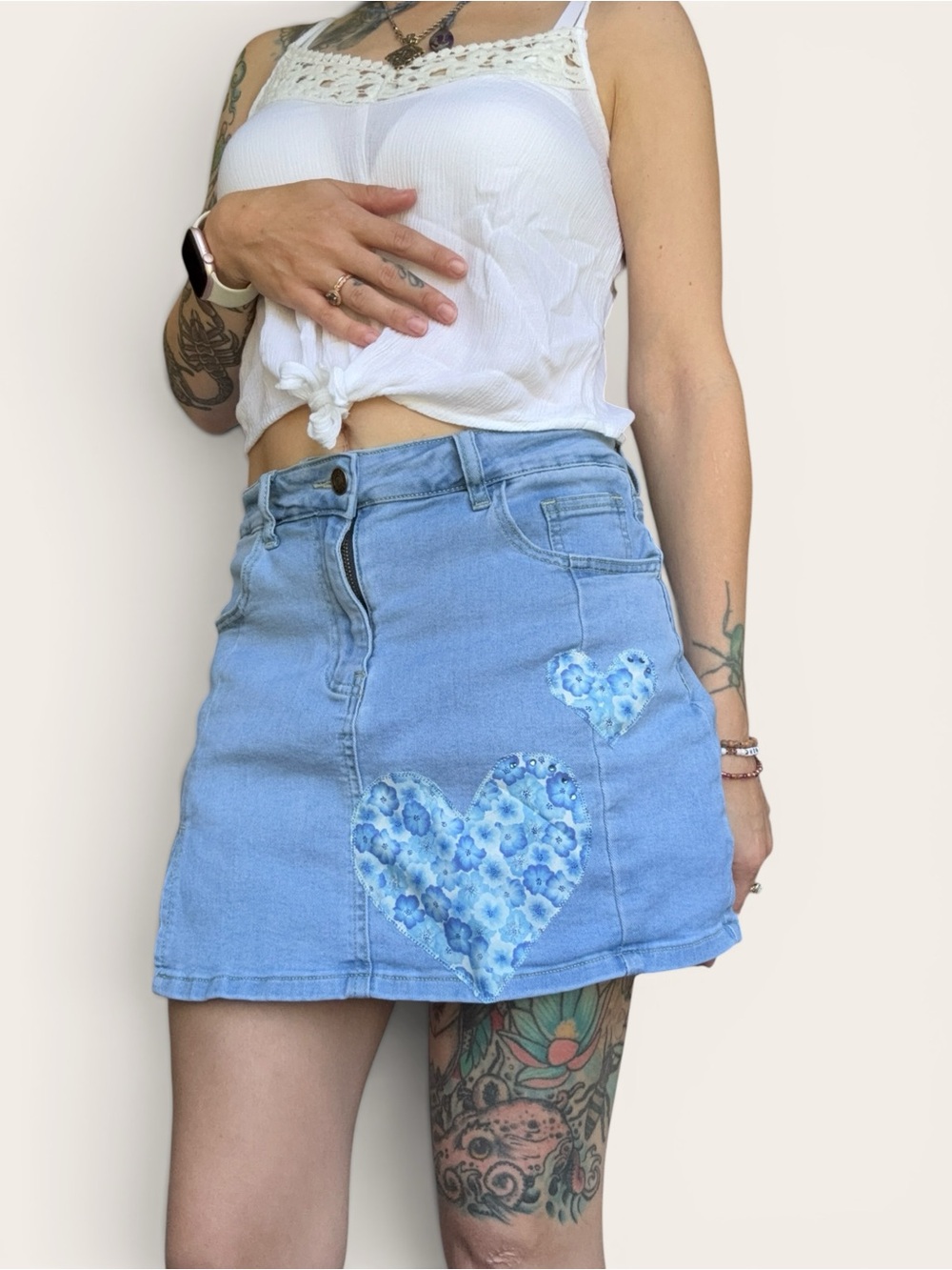 Blue Floral Heart Denim Mini Skirt - Casual Women's Skirt